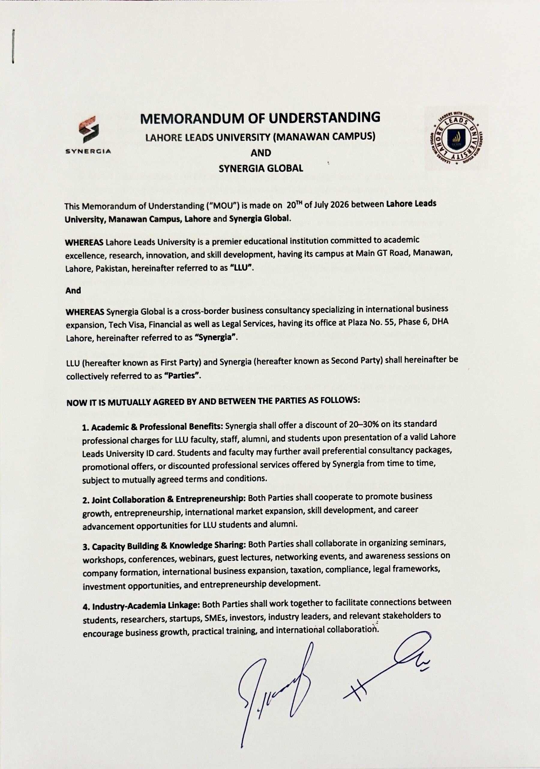 Lahore Leads University and Synergia Global MOU document page 1