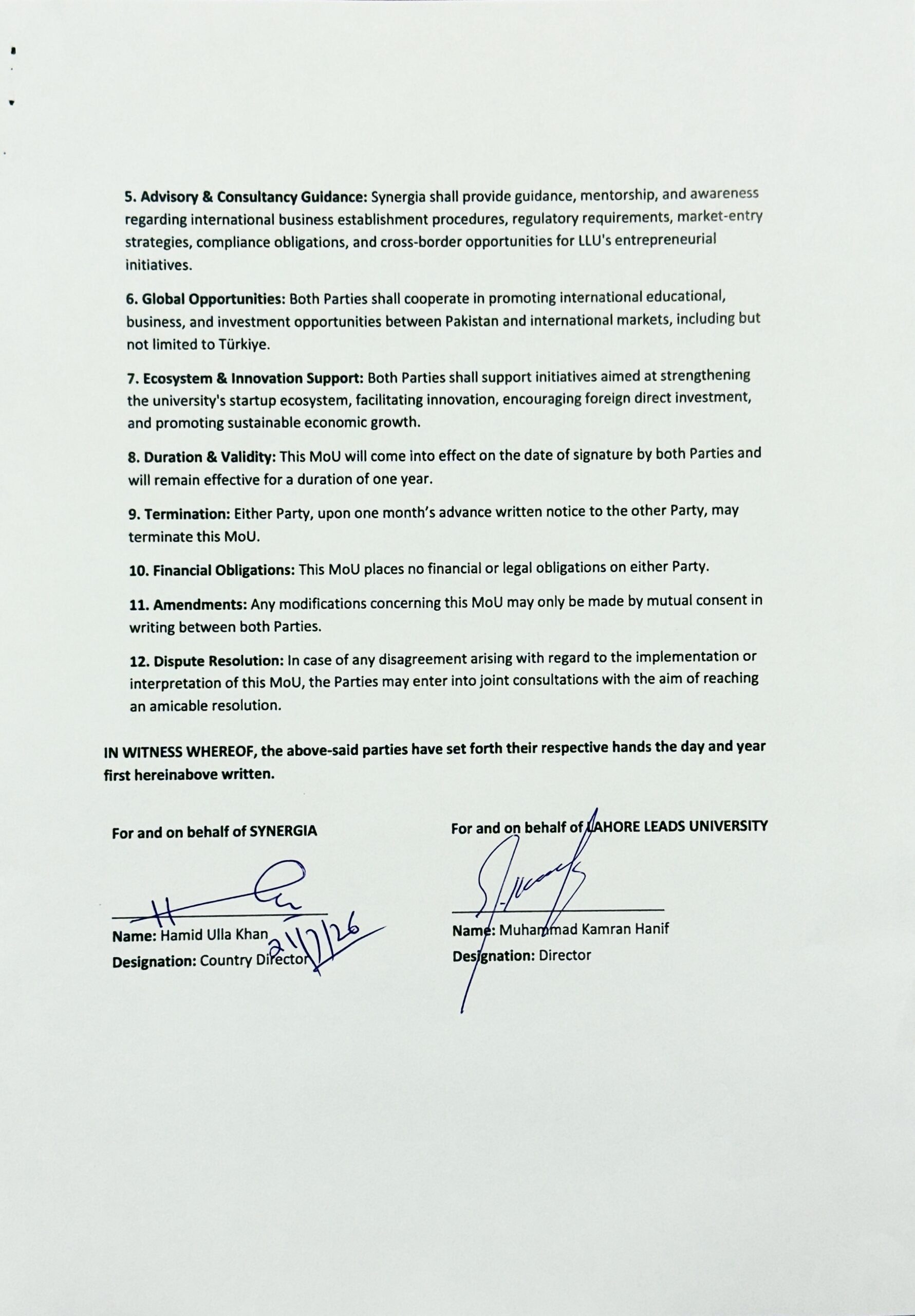 Lahore Leads University and Synergia Global MOU document page 2