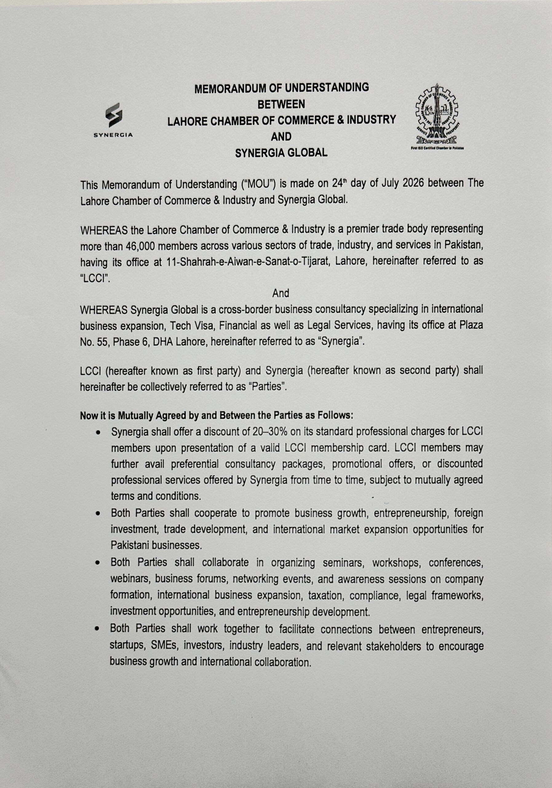 LCCI and Synergia Global MOU document page 1