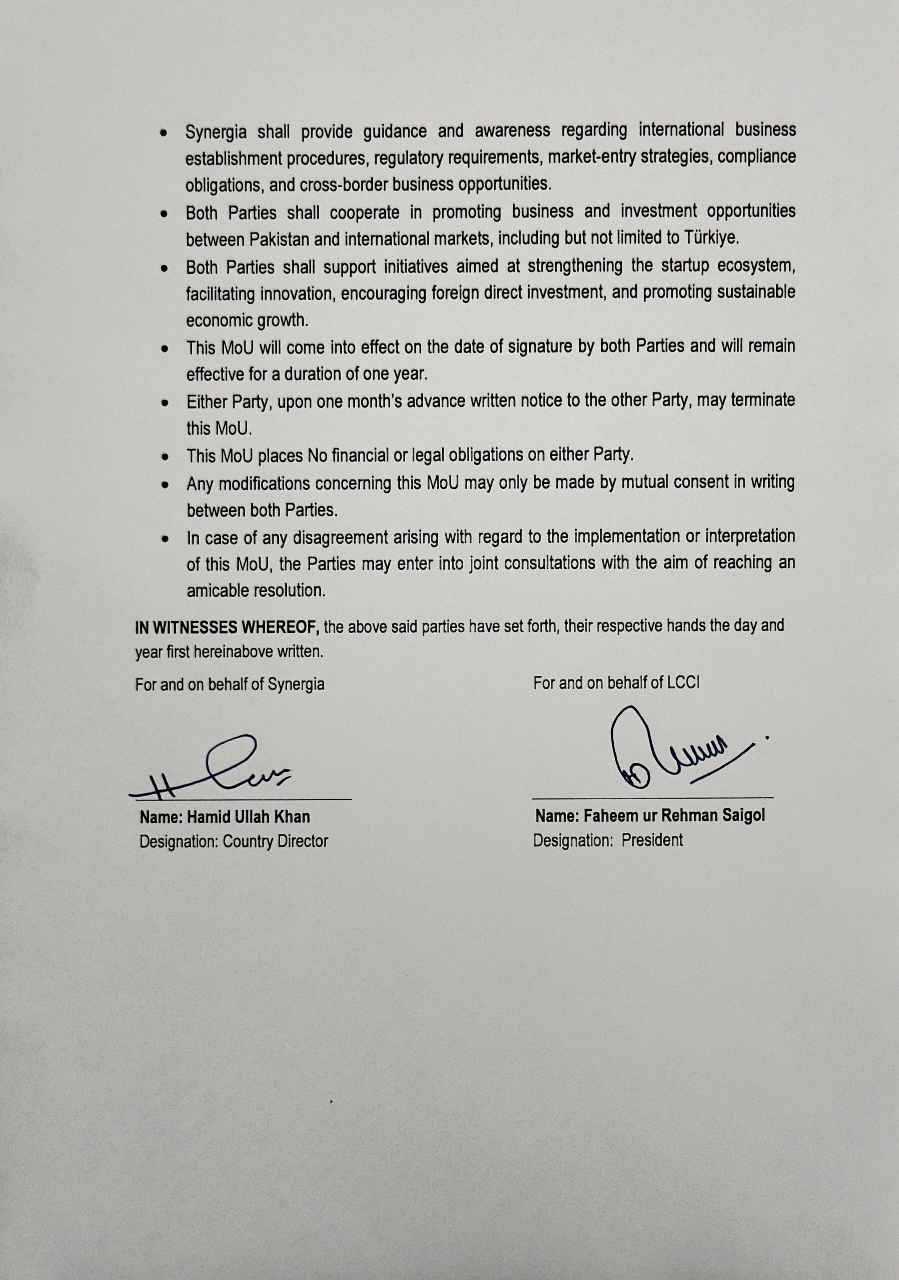LCCI and Synergia Global MOU document page 2